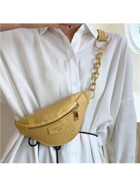 Yellow Croc-Texture Chain Strap Waist Bag